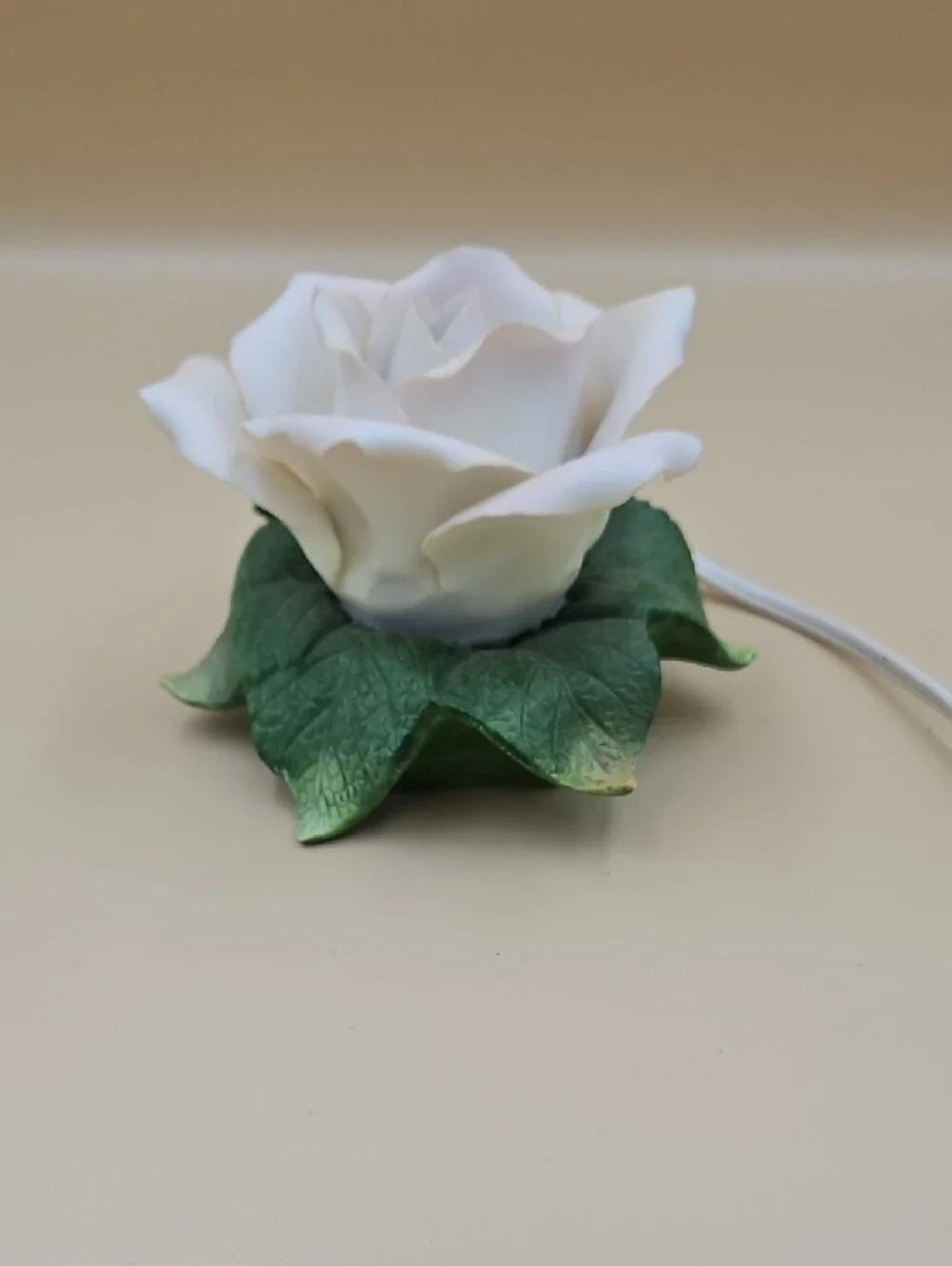 White Rose Night Light with Green Leaf Base